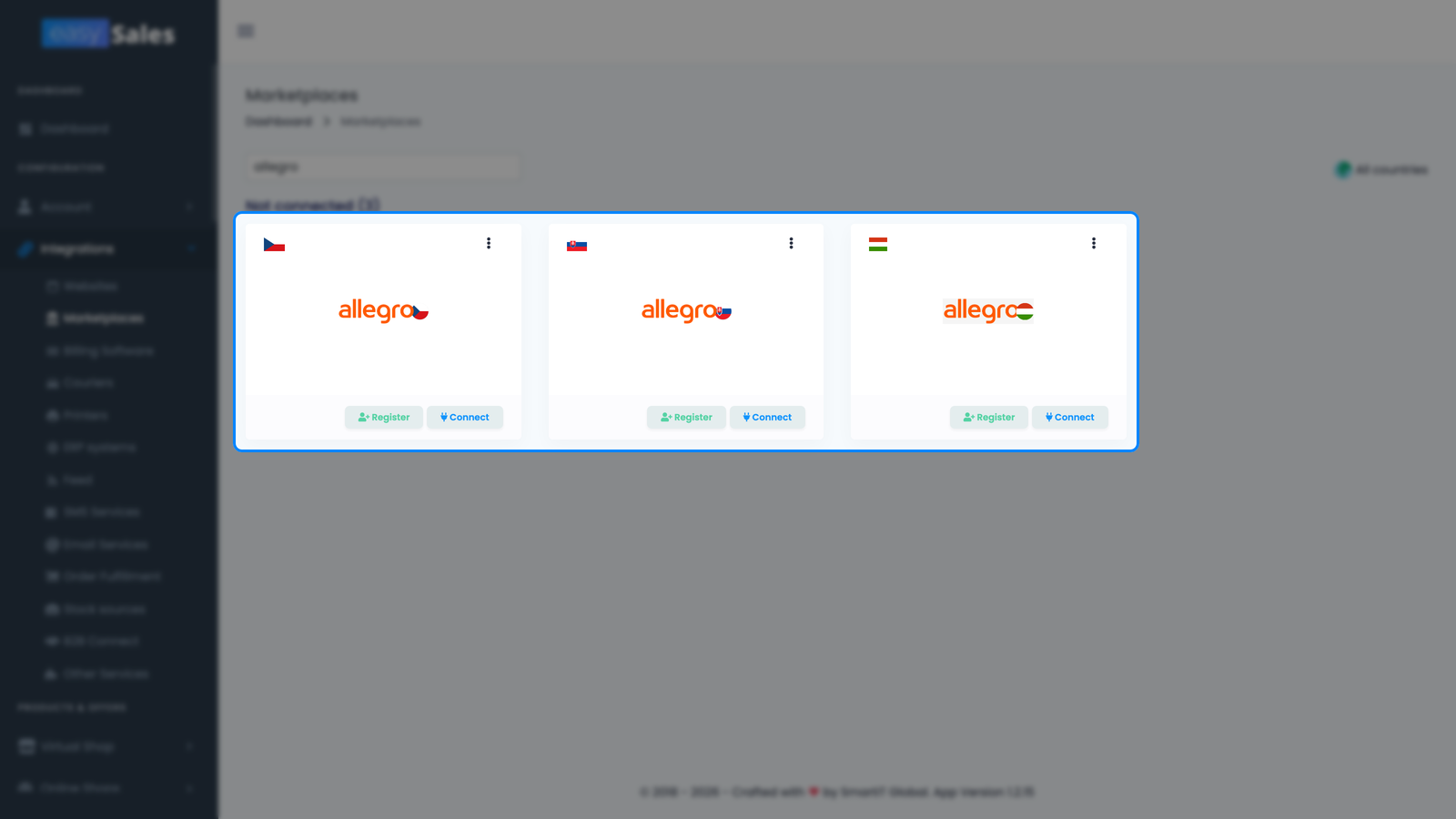 Pagina Integrări → Marketplace din easySales cu cardurile Allegro și butoanele lor Conectează evidențiate