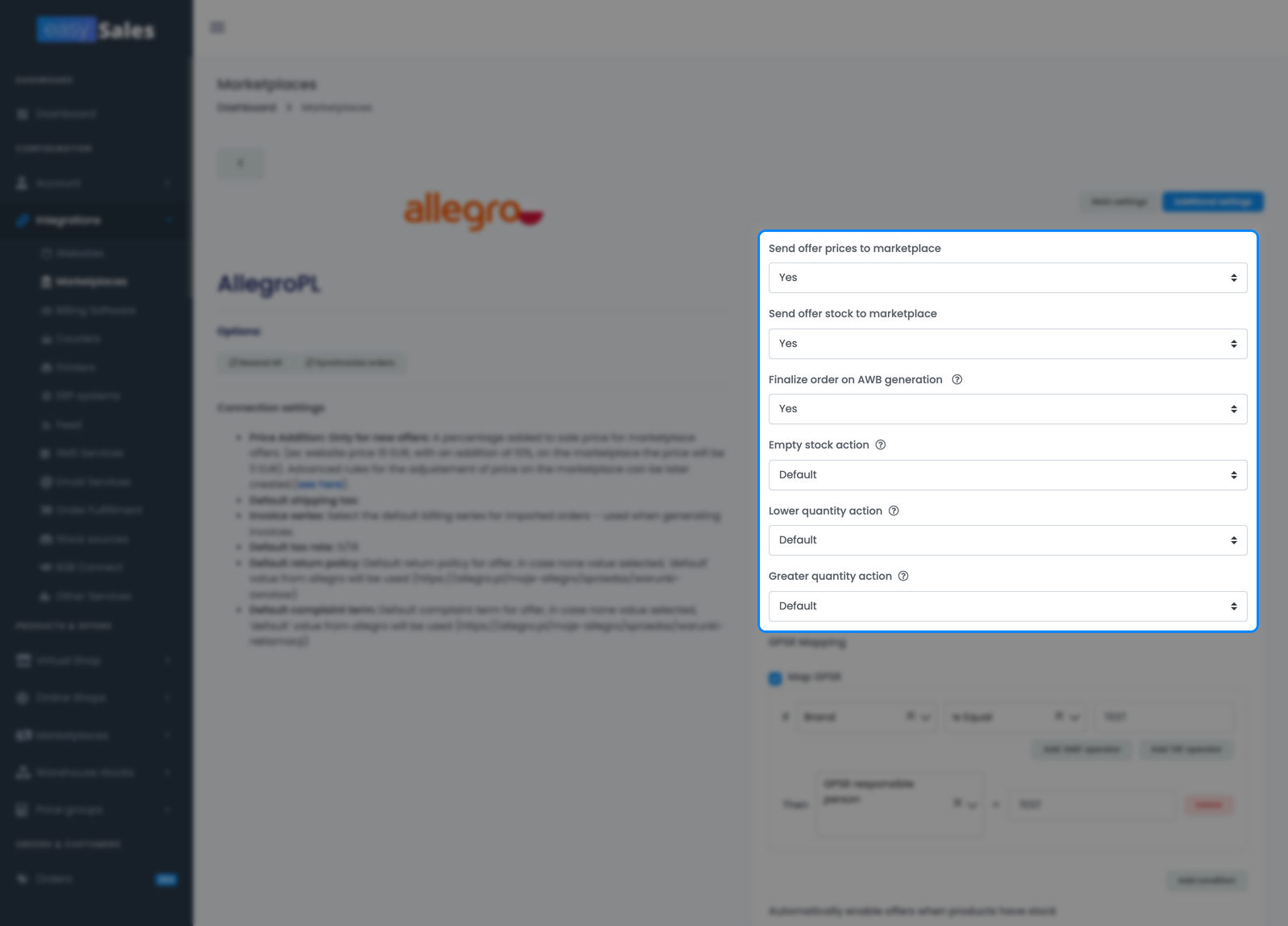 Tab-ul Setări adiționale Allegro din easySales care arată comutatoarele de sincronizare pentru trimiterea prețurilor și stocului ofertei către marketplace