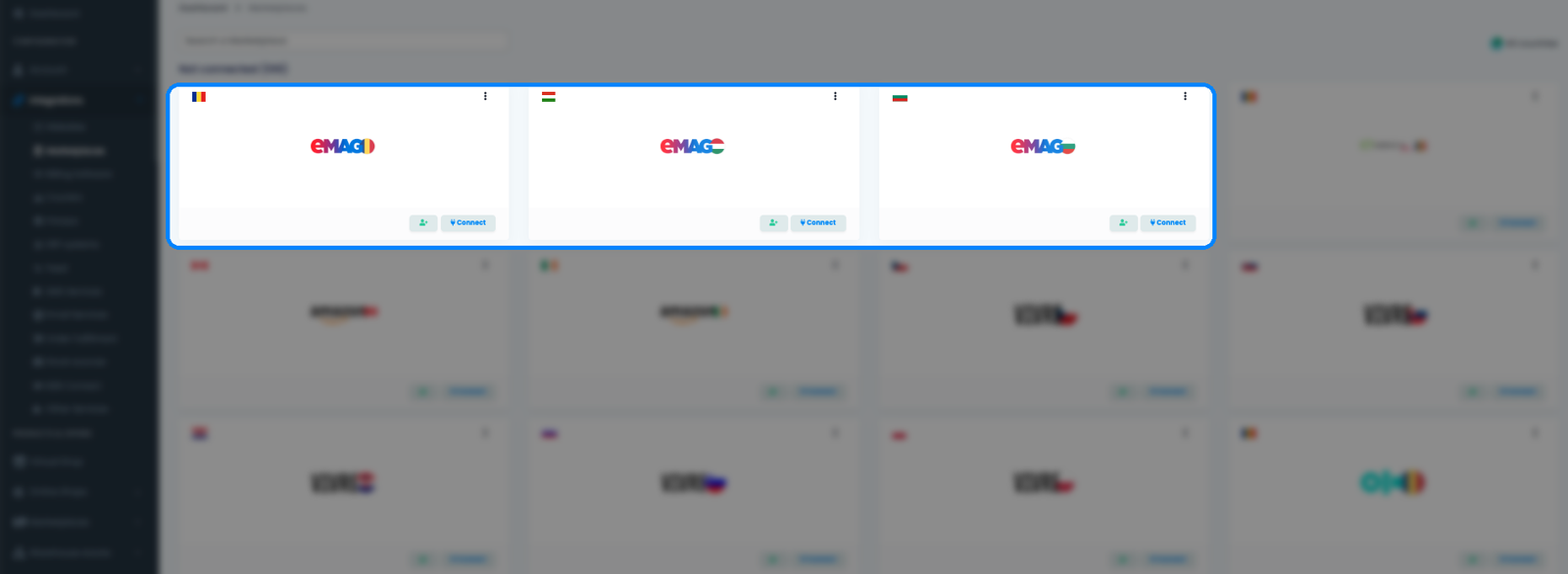 Pagina Integrări → Marketplace din easySales cu cardurile eMAG RO, HU și BG și butoanele lor Conectează evidențiate