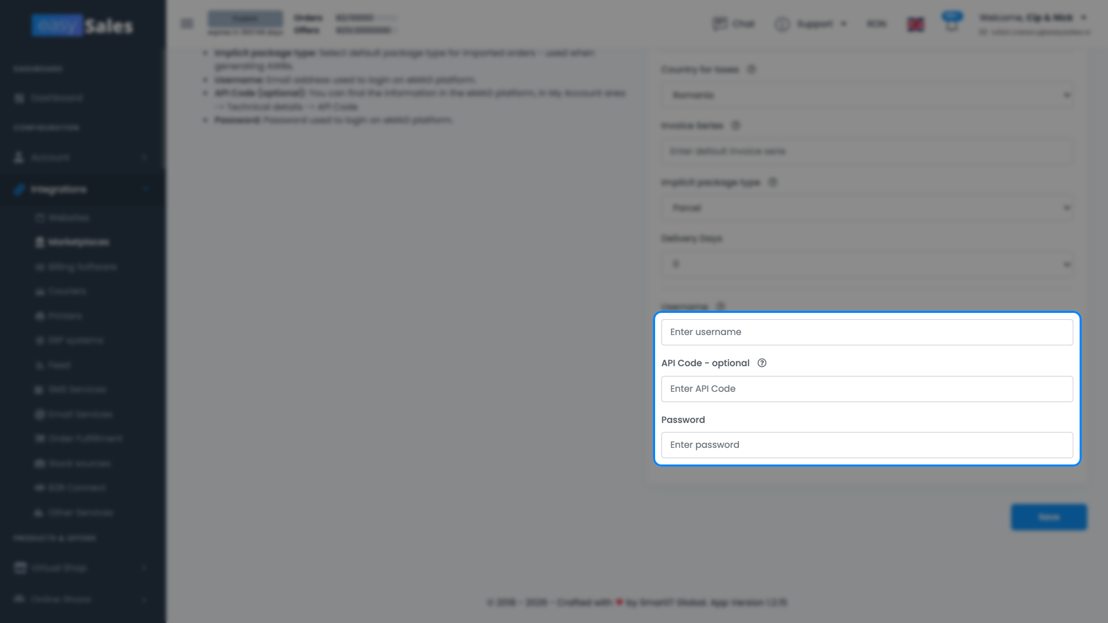 Formularul Setări principale eMAG din easySales pentru o conexiune nouă, cu câmpurile Nume de utilizator, Cod API și Parola goale evidențiate