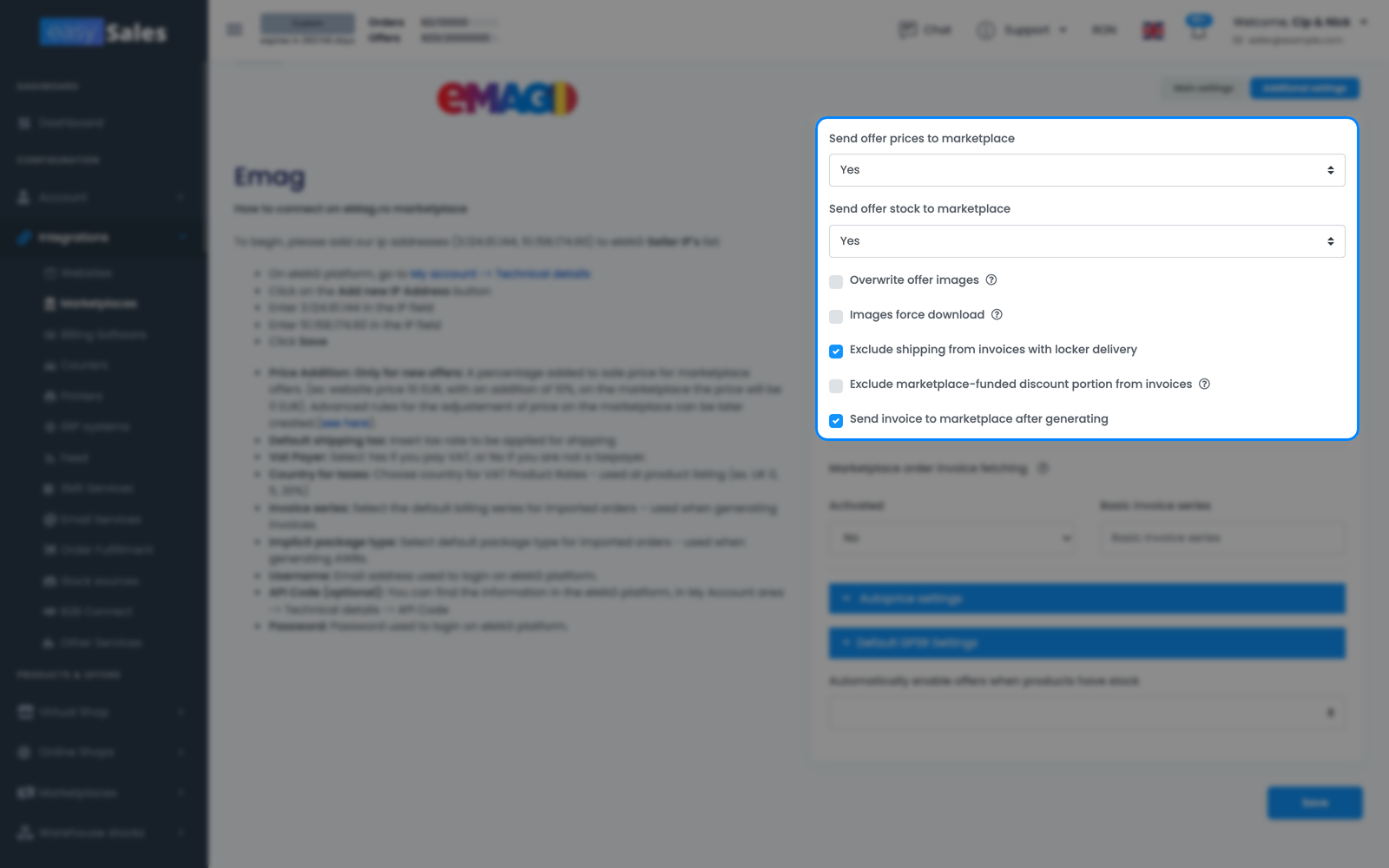 Tab-ul Setări adiționale eMAG din easySales care arată comutatoarele de sincronizare pentru trimiterea prețurilor și stocului ofertei către marketplace