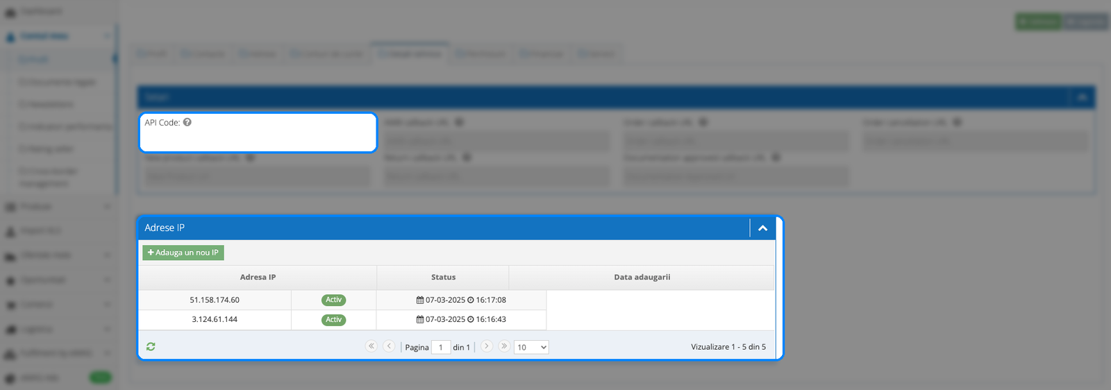 Ecranul My account → Technical details din contul de seller eMAG, care arată zona Add new IP Address și API Code