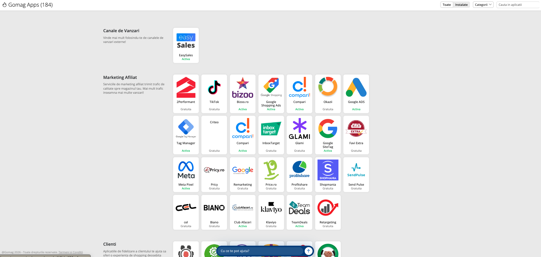 Gomag admin Apps section showing the Sales Channels group with the easySales tile