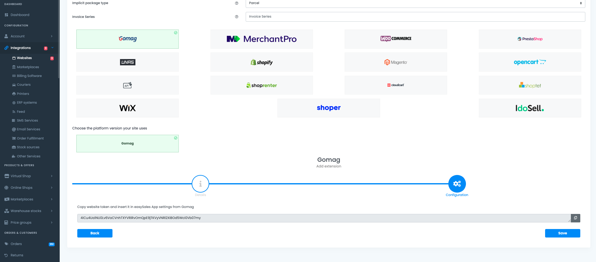 easySales Integrations page with Gomag selected as the platform and the generated website token shown in the Configuration step