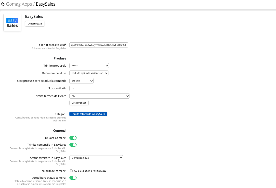 Gomag easySales app settings panel with the Website token field filled in and the Save button visible