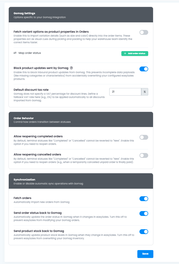 easySales Preferences tab for the Gomag website, grouped into Gomag Settings, Order Behavior, and Synchronization sections