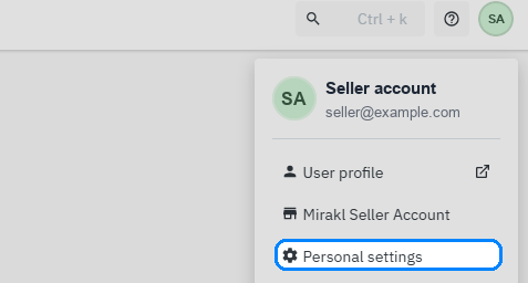 Menu konta otwarte w prawym górnym narożniku platformy Adeo Marketplace, z wyróżnioną pozycją Personal settings