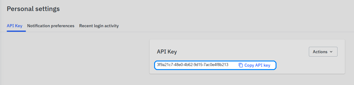 Personal settings w Adeo Marketplace, zakładka API Key, z kluczem i przyciskiem Copy API key