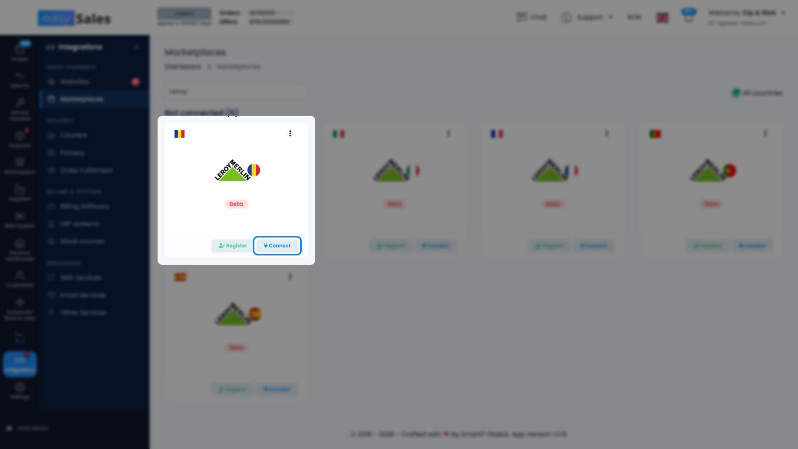 Strona Integracje → Marketplace w easySales, z kartą kraju Leroy Merlin i wyróżnionym przyciskiem Połącz