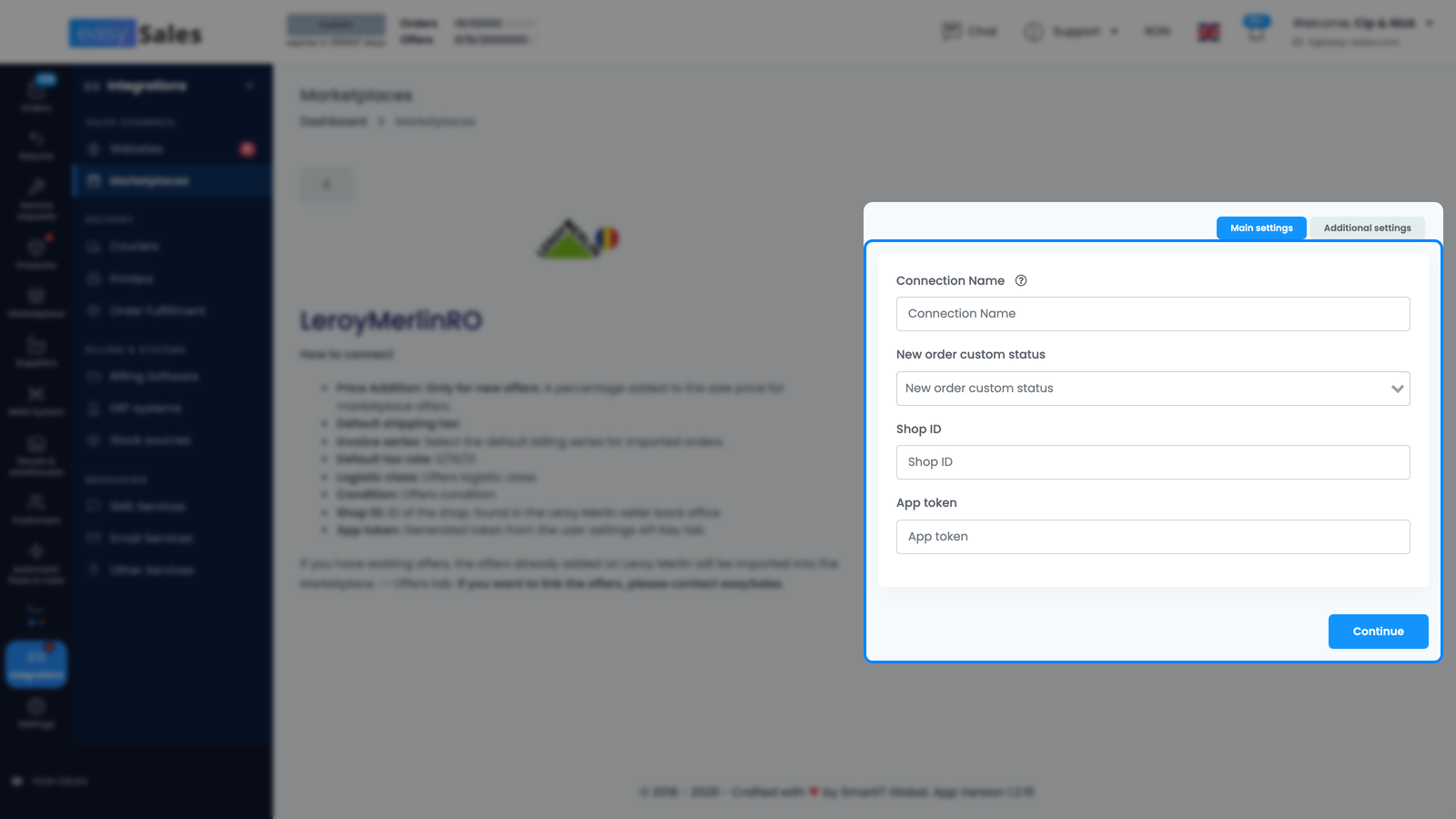 Zakładka Główne ustawienia dla Leroy Merlin w easySales, z polami Alias, ID sklepu i Token aplikacji oraz przyciskiem Kontynuuj