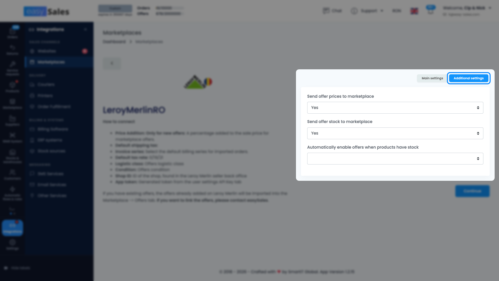 Zakładka Dodatkowe ustawienia dla Leroy Merlin w easySales, z opcjami ceny oferty, zapasu i automatycznej aktywacji ofert