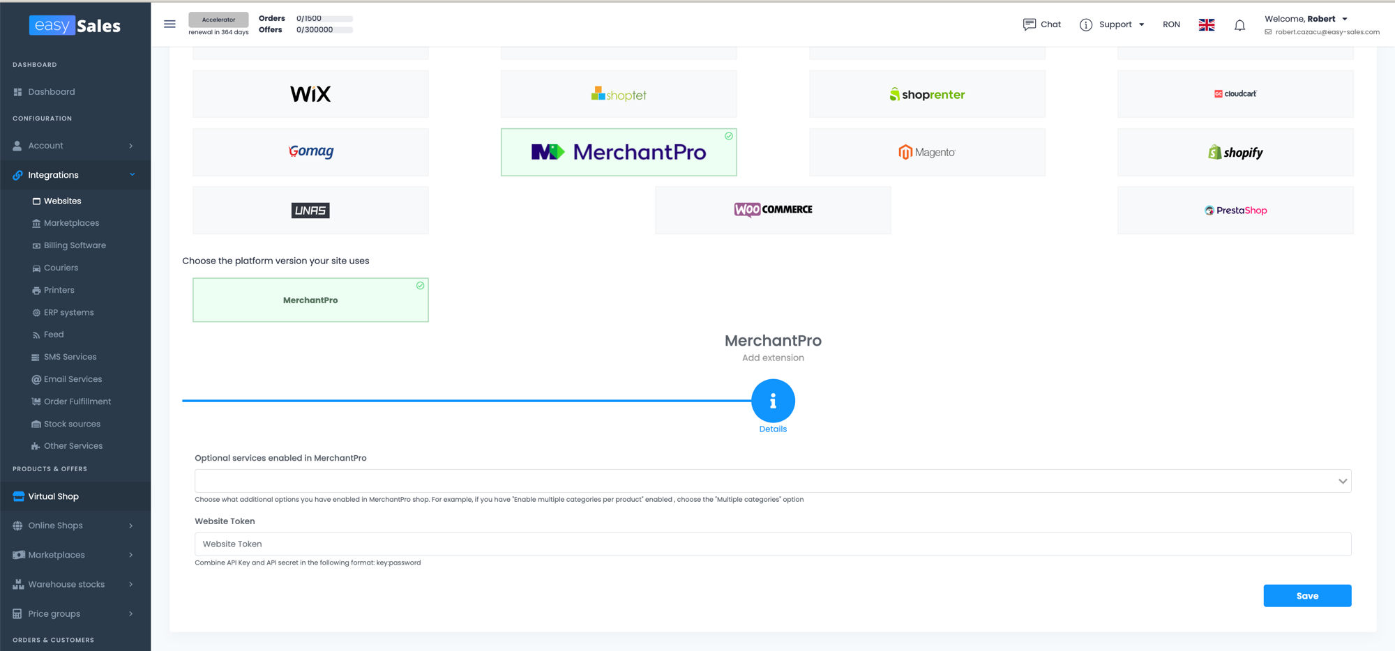 Ecranul easySales Integrari → Website-uri cu MerchantPro selectat, afisand dropdown-ul Servicii optionale si campul Website Token
