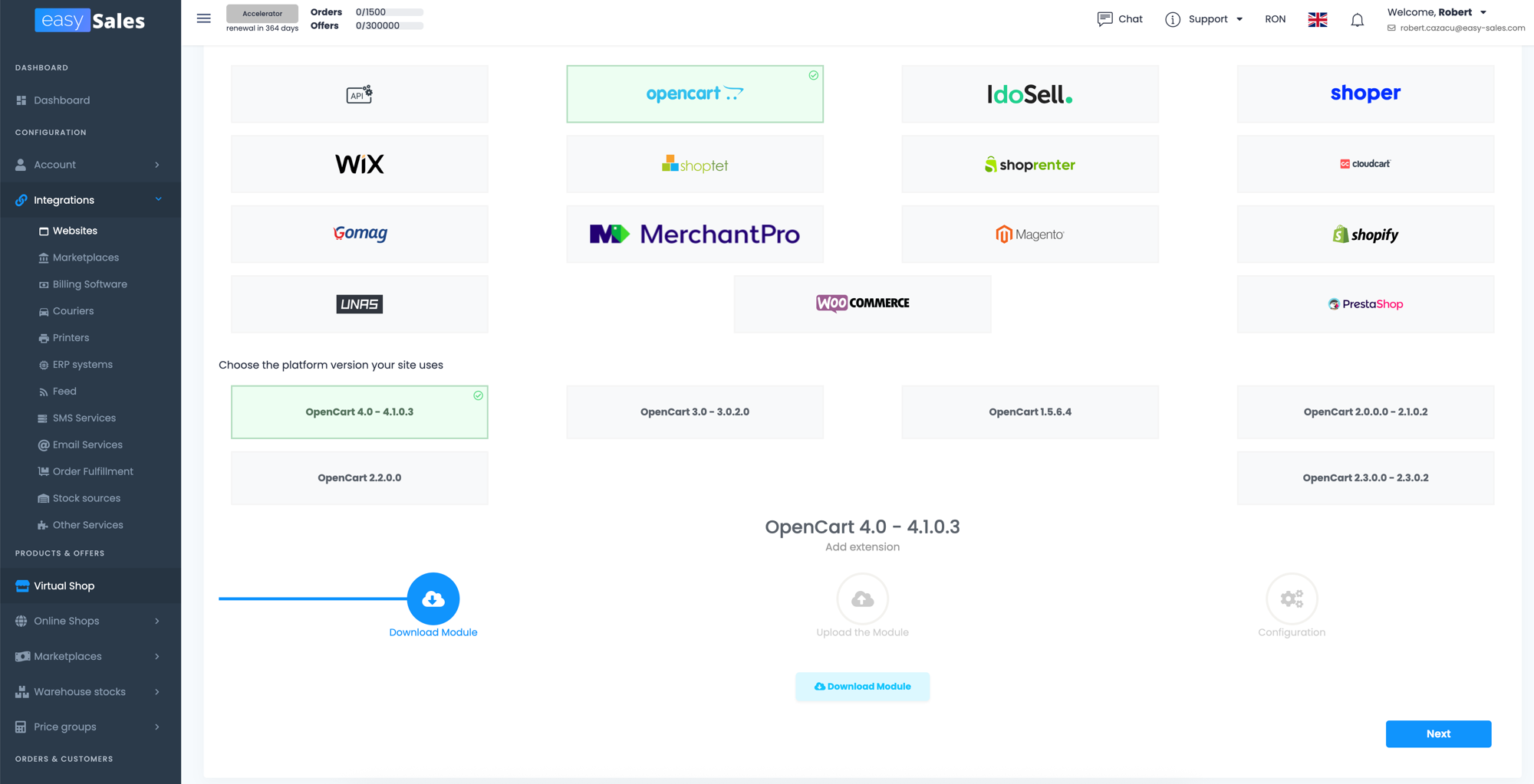 Wizardul easySales Conecteaza Website pe pasul Descarca Modul, cu OpenCart selectat, selectorul de versiune vizibil si butonul de descarcare evidentiat