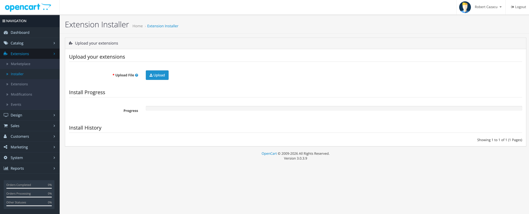 Ecranul Extensii → Instaleaza Extensie din admin-ul OpenCart, cu butonul Upload evidentiat si arhiva easySales `.ocmod.zip` pregatita pentru incarcare