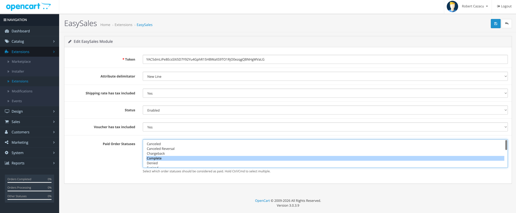 Pagina de editare a modulului easySales din admin-ul OpenCart, cu tokenul din easySales lipit in campul Token si Status setat la Activat