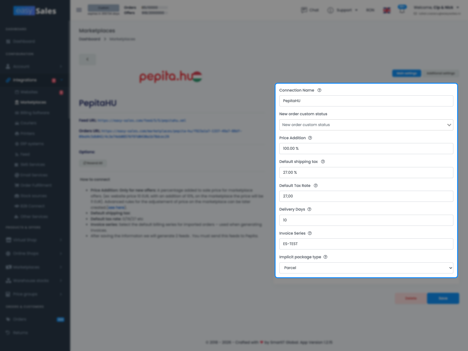 Formularul Setări principale Pepita din easySales pentru o conexiune nouă, cu câmpurile Nume Conexiune, TVA, livrare și serie de facturare