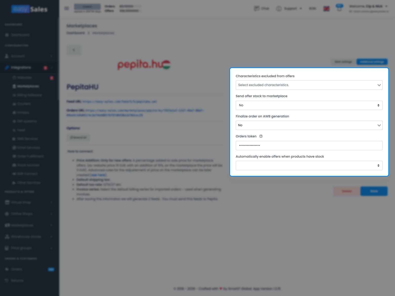 Tabul Setări adiționale Pepita din easySales, care arată opțiunea Trimite stocul ofertei către marketplace și celelalte opțiuni de sincronizare
