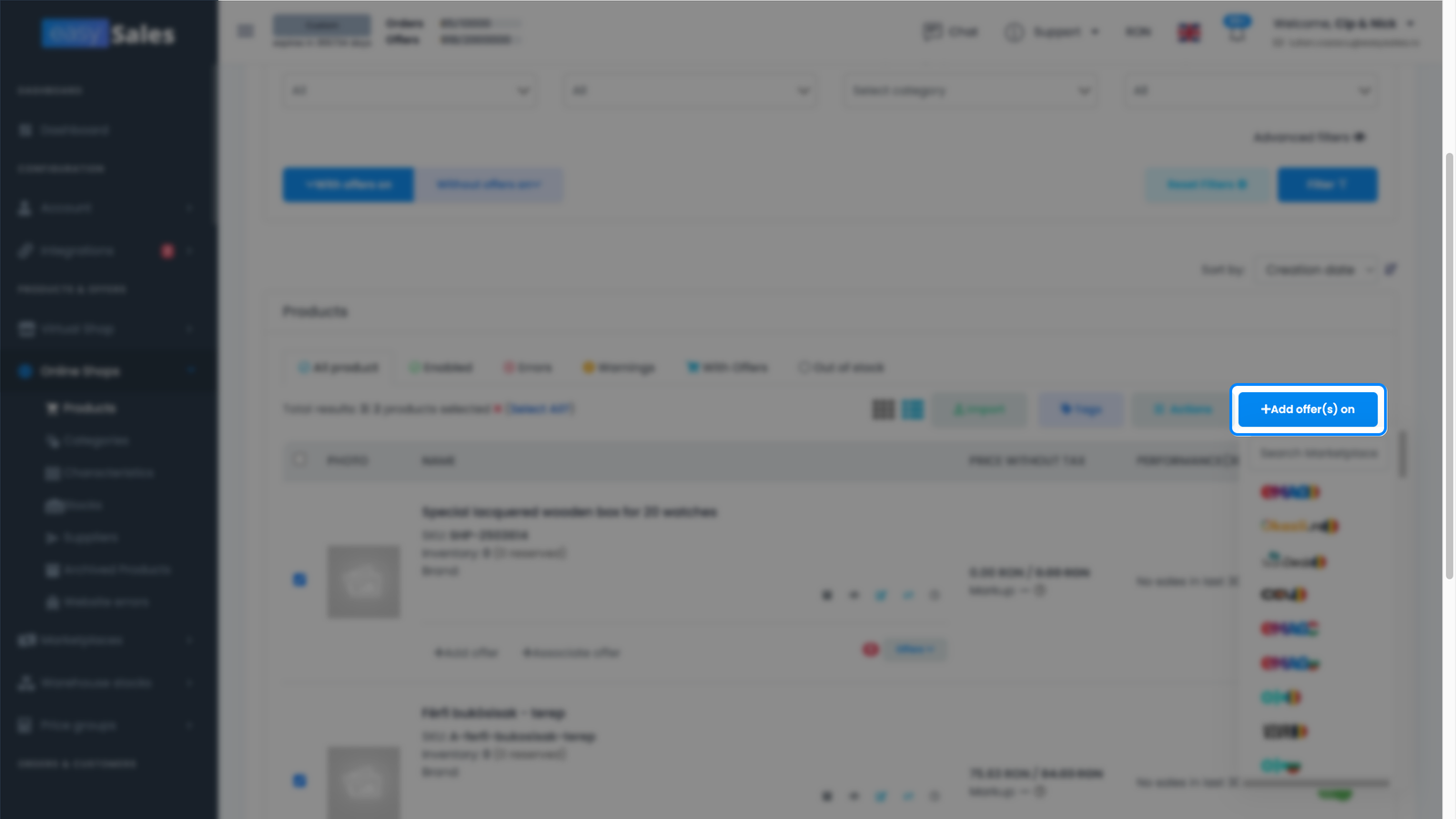 Pagina Magazine Online → Produse din easySales cu produse selectate și acțiunea Adaugă ofertă(e) pe care arată conexiunea Pepita