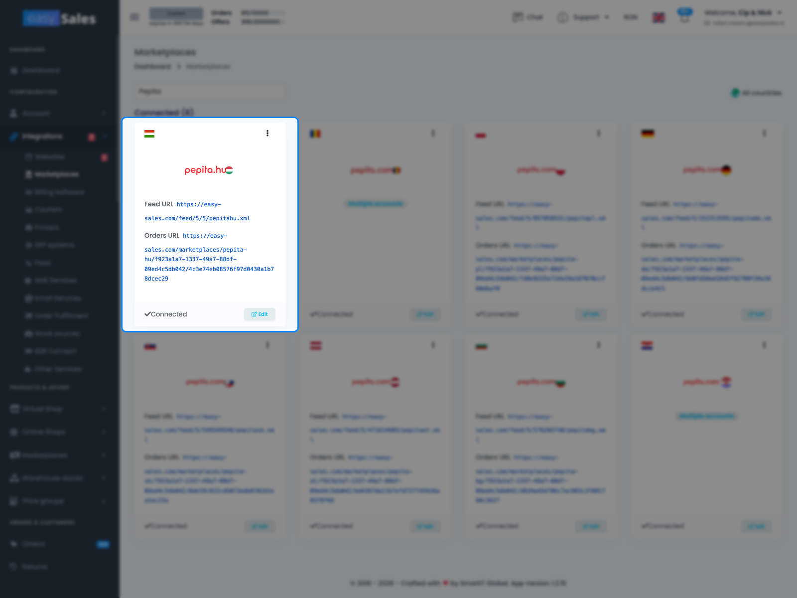 Vizualizarea conexiunii Pepita din easySales care arată URL Feed și Orders URL generate