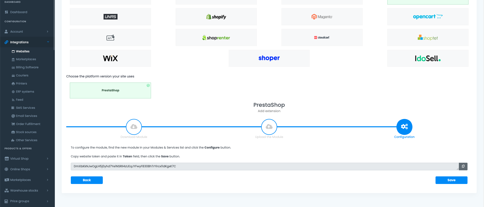 Kreator Polacz witryne w easySales na kroku Konfiguracja z wybranym PrestaShop i widocznym wygenerowanym tokenem witryny