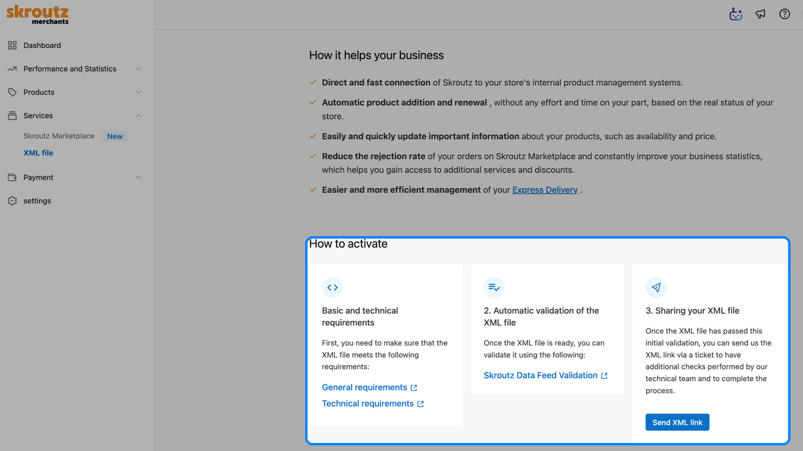 Backend-ul Skroutz Merchants, pagina Services → XML file, arătând pașii How to activate și butonul Send XML link