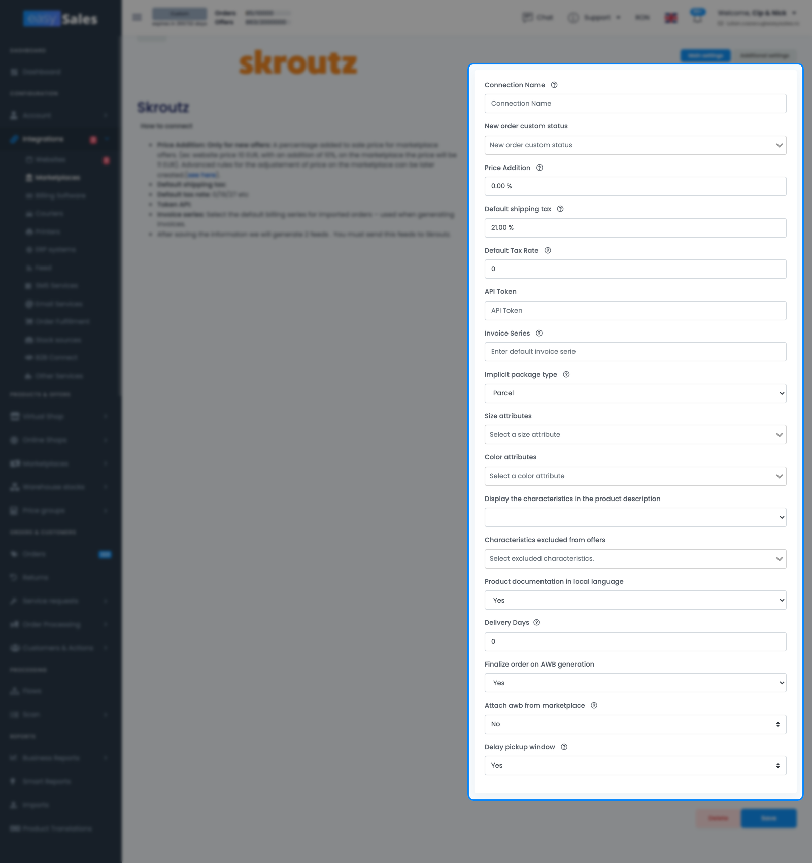 Formularul Setări principale Skroutz din easySales arătând Nume Conexiune, preț, TVA, Token API, seria de facturare și câmpurile de atribute
