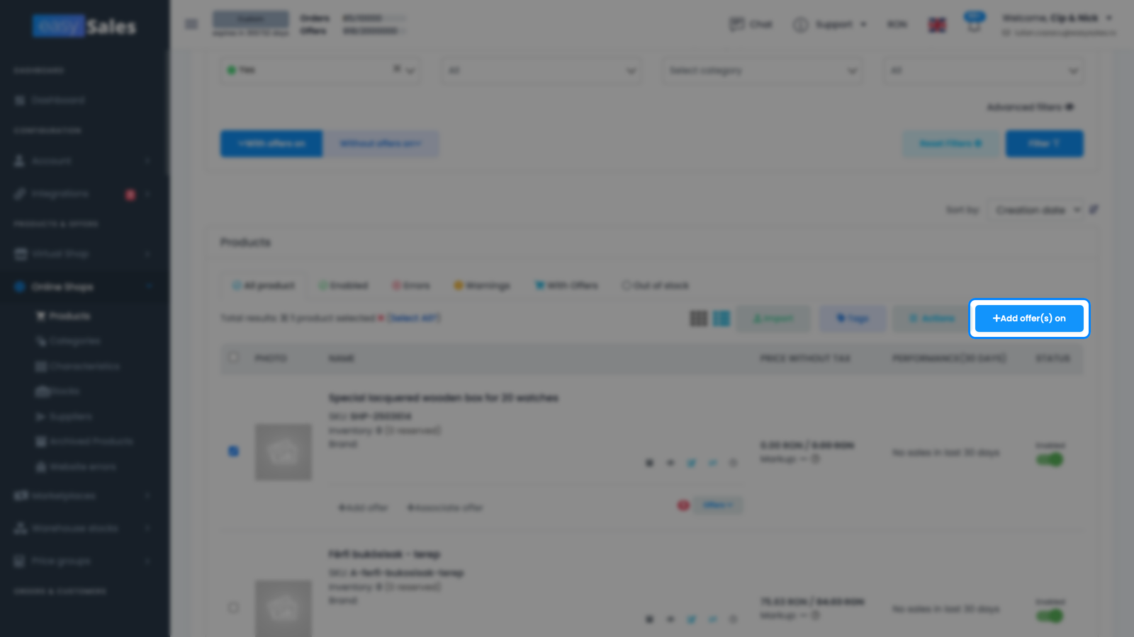 Pagina Magazine Online → Produse din easySales cu produse selectate și acțiunea Adaugă ofertă(e) pe arătând conexiunea Skroutz