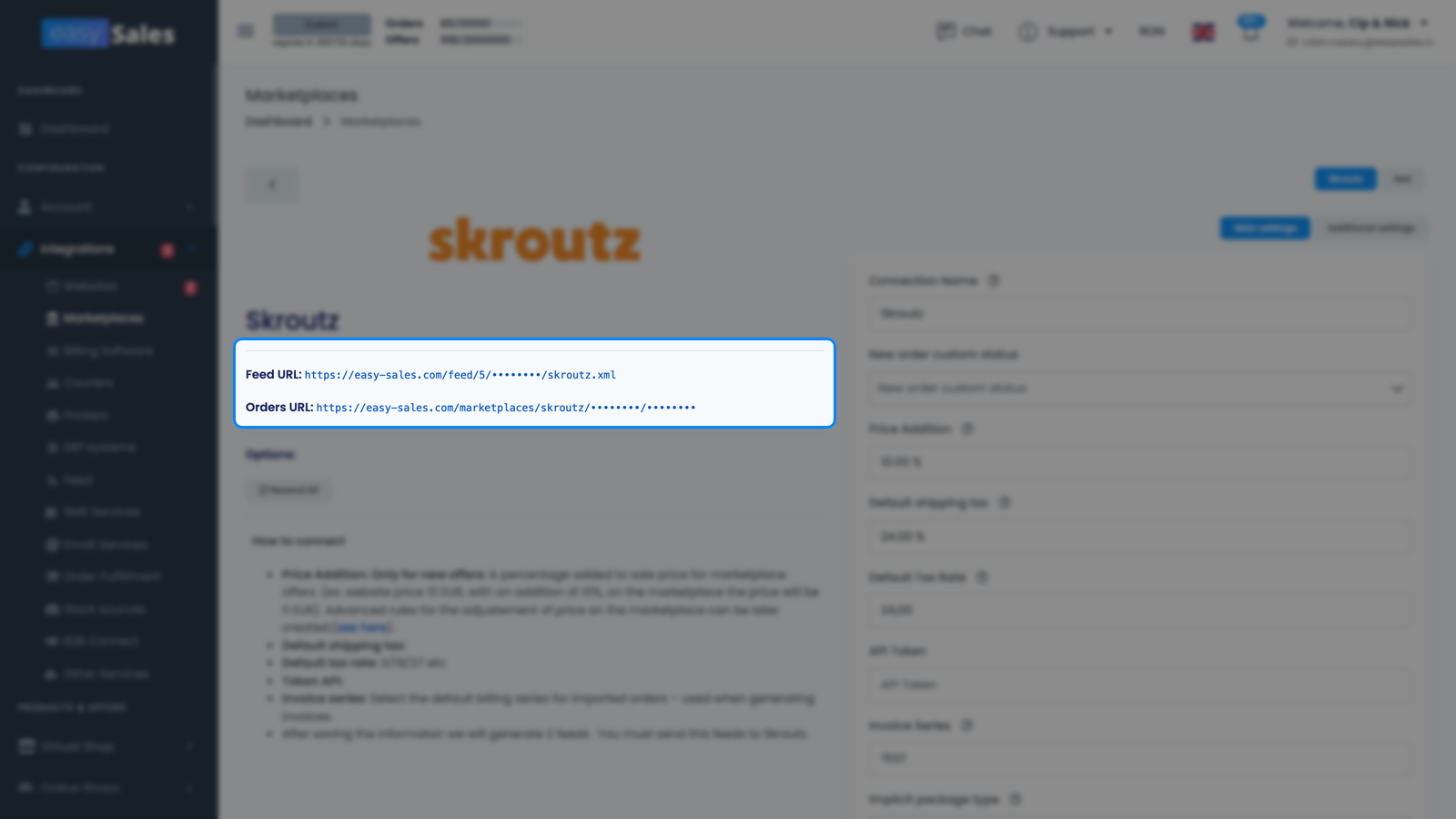 Cardul conexiunii Skroutz din easySales arătând URL Feed și Orders URL generate