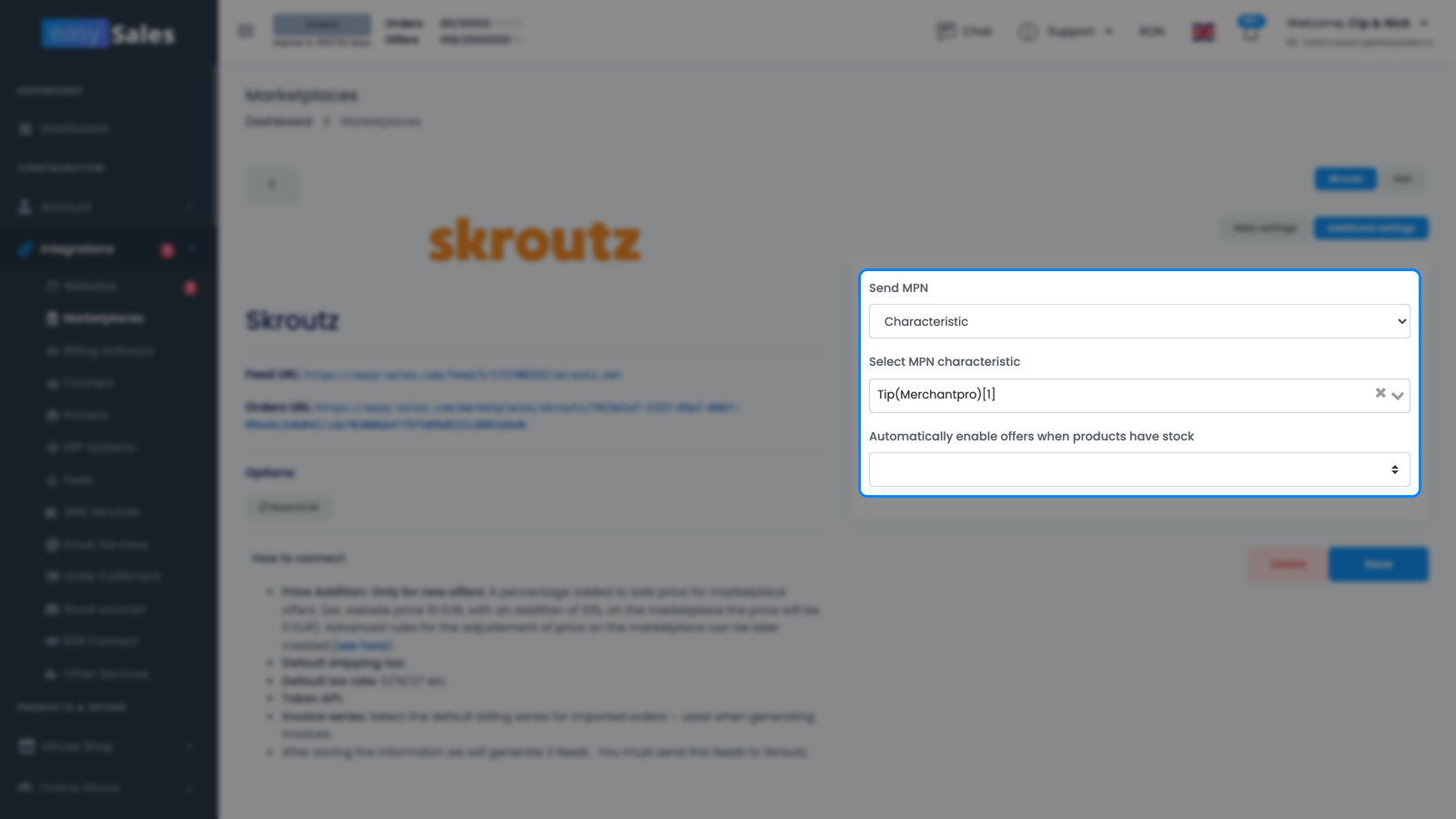 Fila Setări adiționale Skroutz din easySales arătând lista Trimite MPN și opțiunea de activare automată a ofertelor