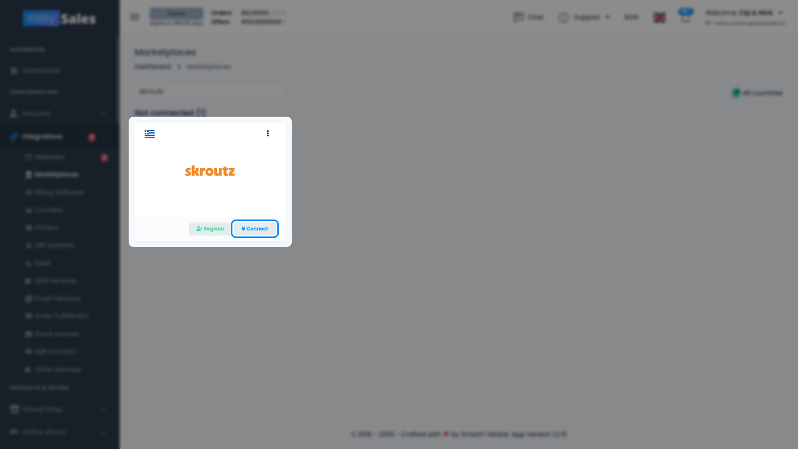 Pagina Integrări → Marketplace din easySales cu cardul Skroutz și butonul său Conectează evidențiat