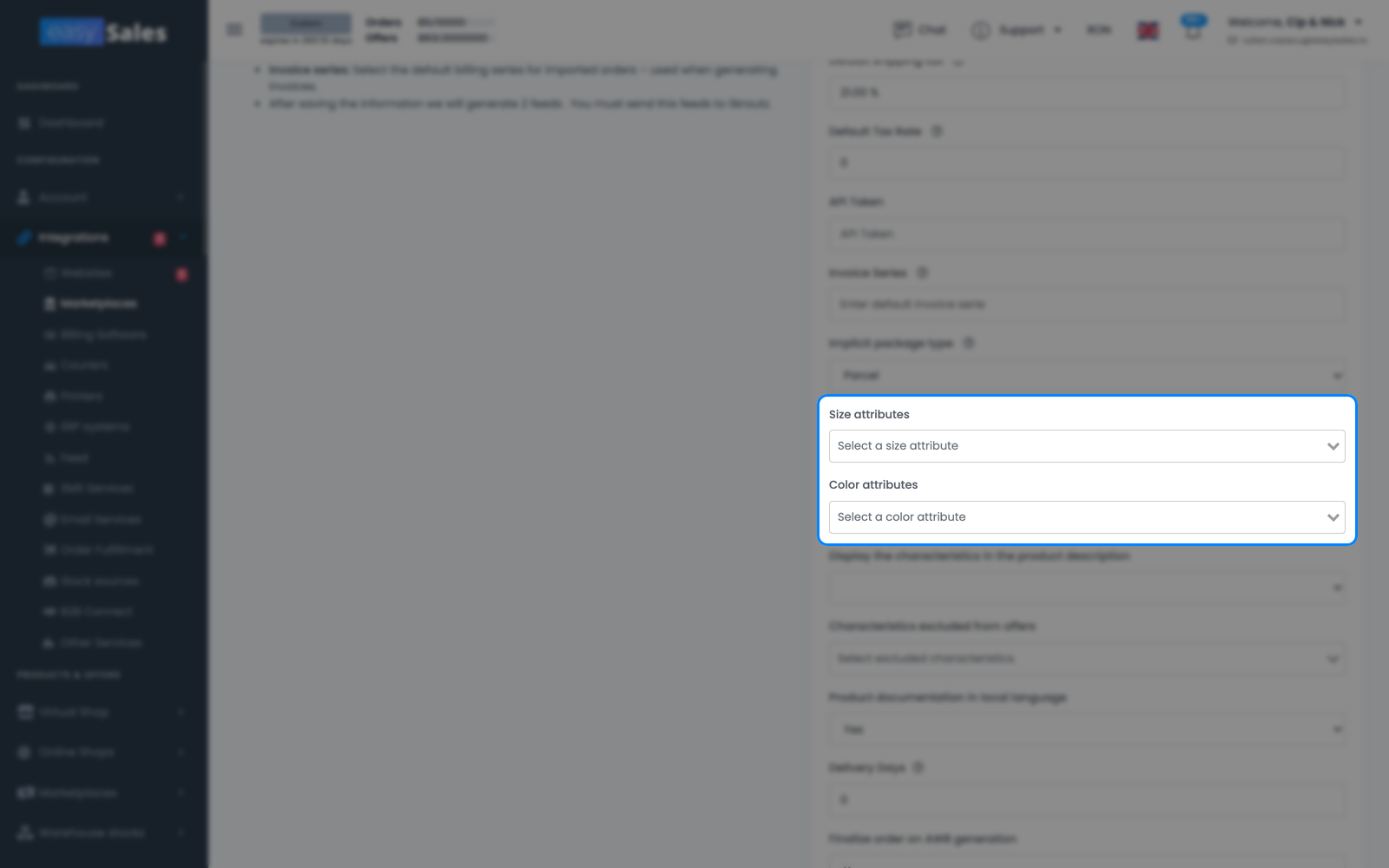 Setări principale Skroutz din easySales cu listele de mapare Atribute de mărime și Atribute de culoare evidențiate