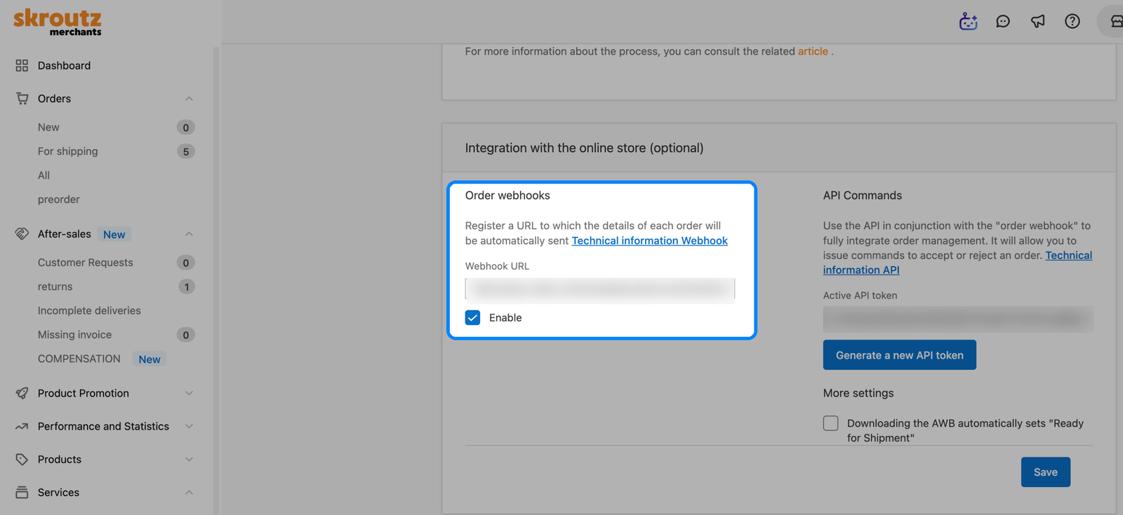 Secțiunea Order webhooks din Skroutz Merchants cu câmpul Webhook URL și bifa Enable