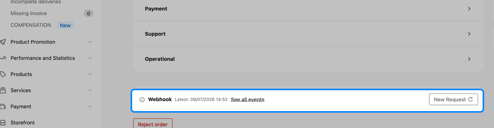 Detaliul comenzii din Skroutz Merchants arătând panoul Webhook și butonul New Request