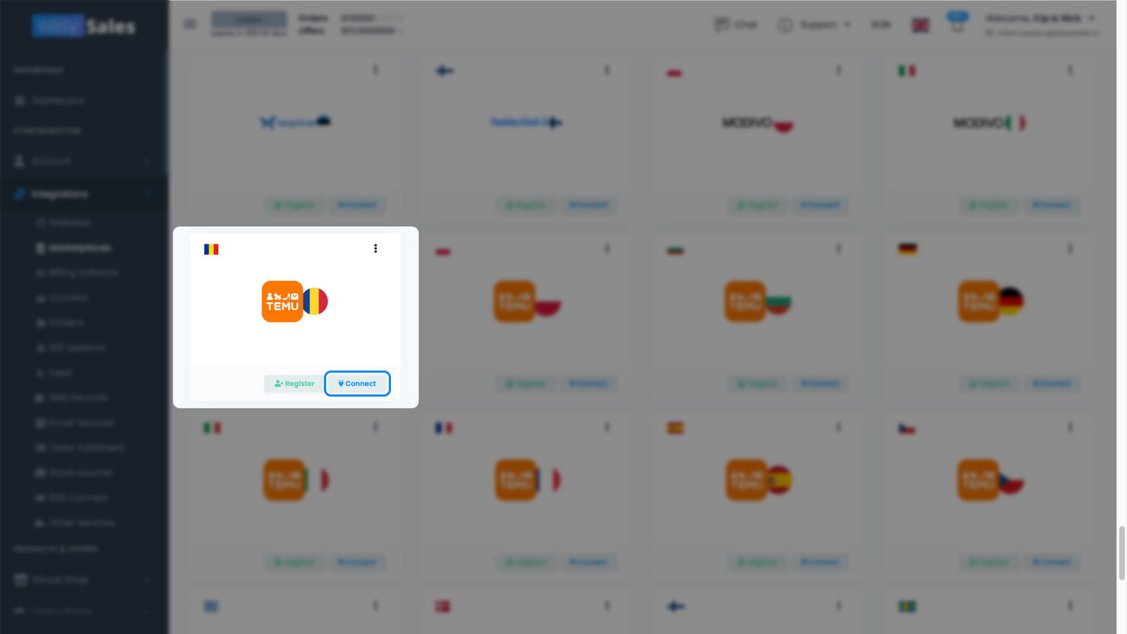 Pagina easySales Integrări → Marketplace-uri cu un card Temu și butonul Connect evidențiat