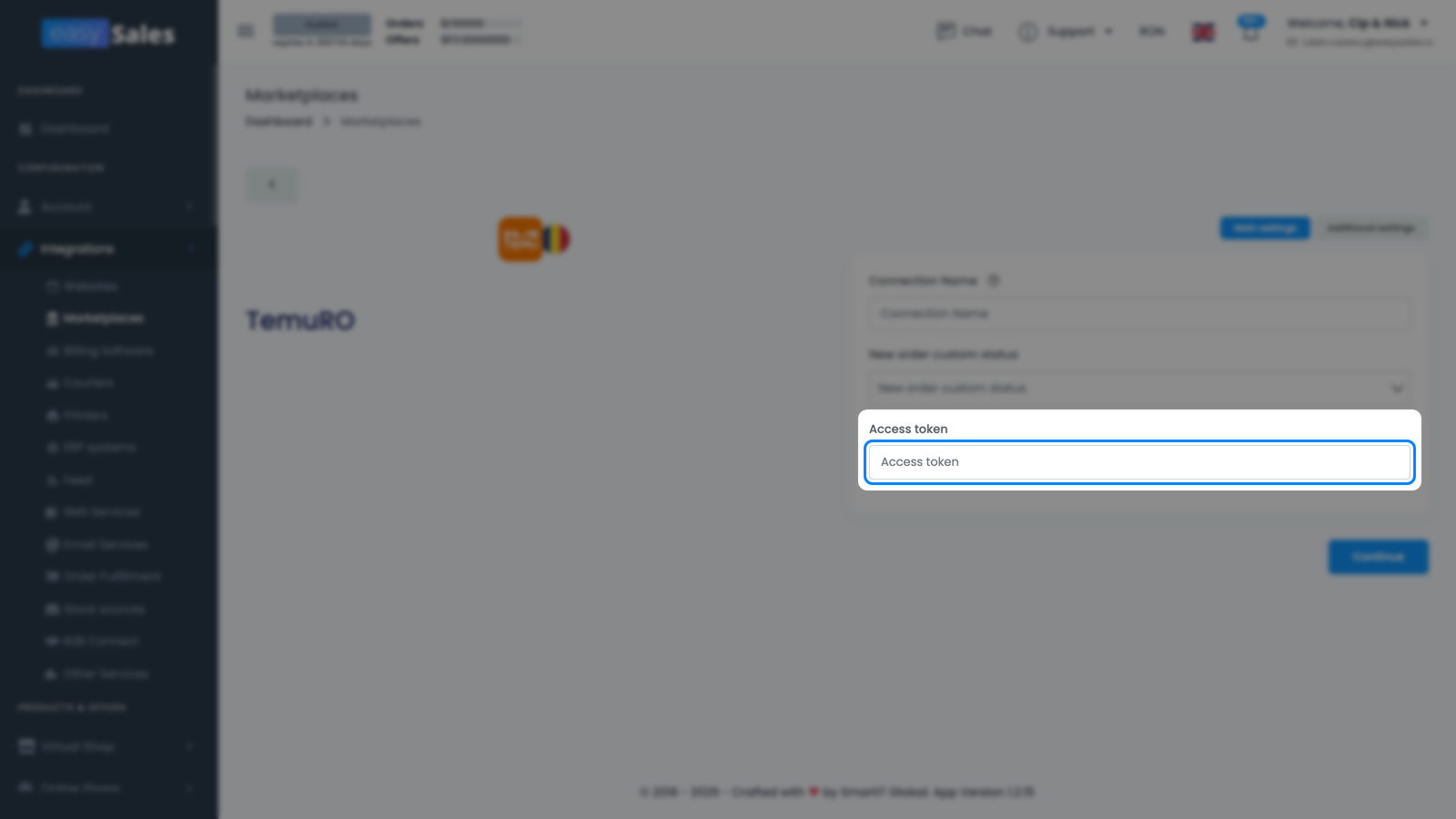 Formularul easySales de Setări principale Temu pentru o conexiune nouă, cu câmpurile Nume conexiune și Access token evidențiate