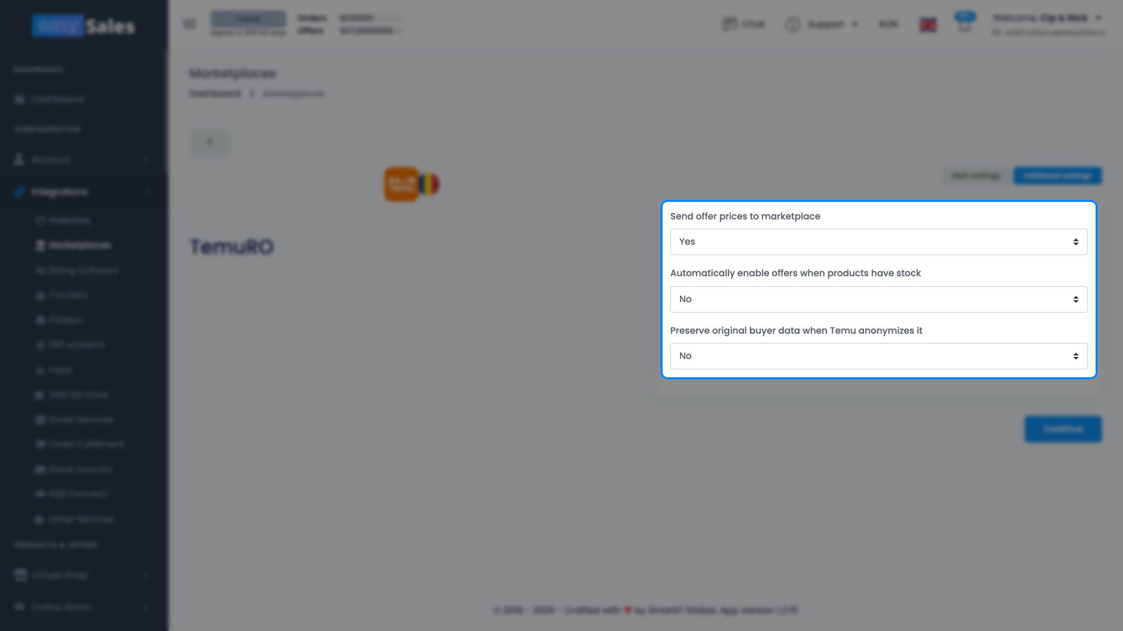 Tab-ul easySales Setări suplimentare Temu care afișează comutatoarele de sincronizare pentru trimiterea prețurilor ofertelor, activarea automată a ofertelor și păstrarea datelor cumpărătorului