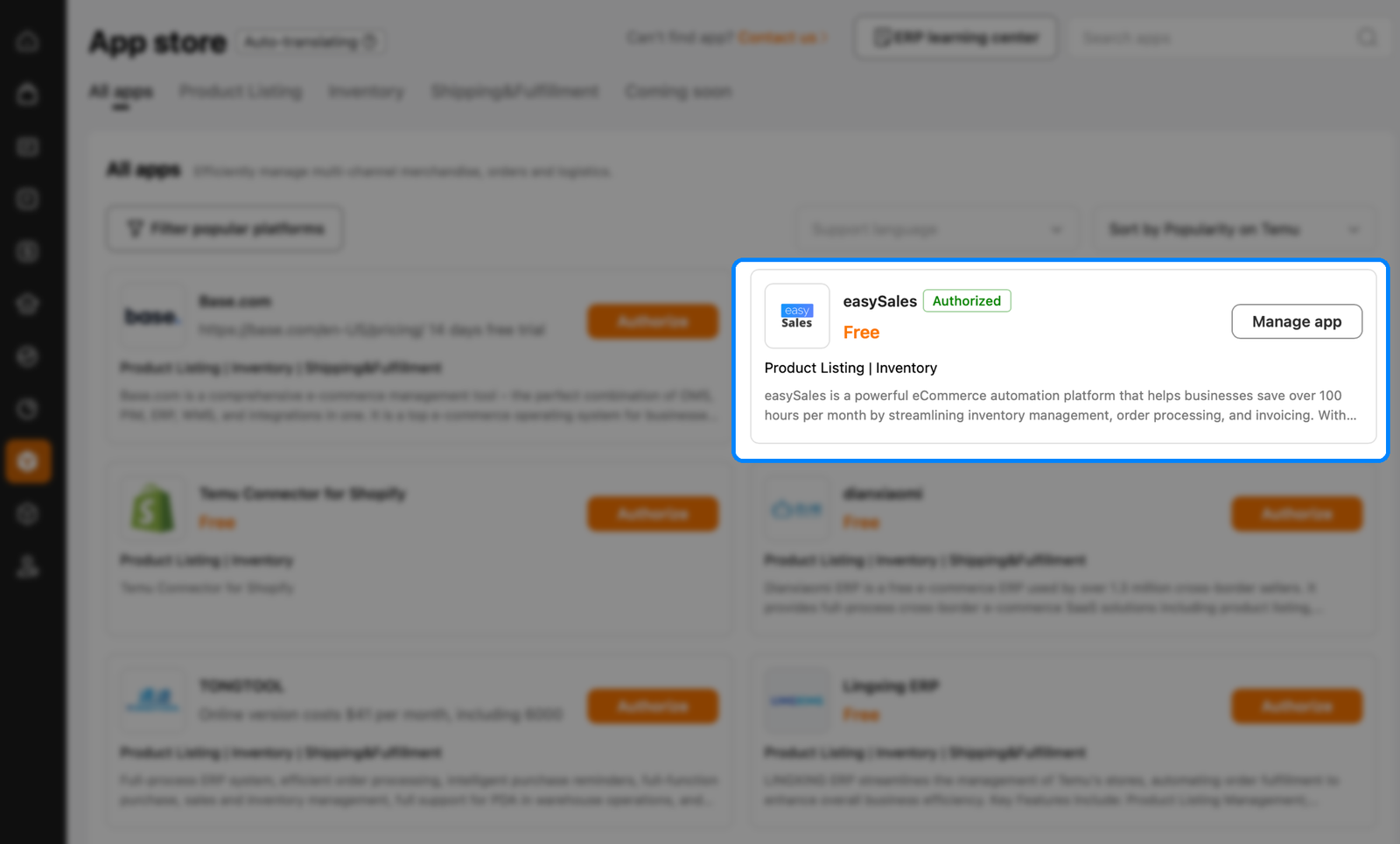 Temu Seller Central App Store cu cardul aplicației easySales evidențiat