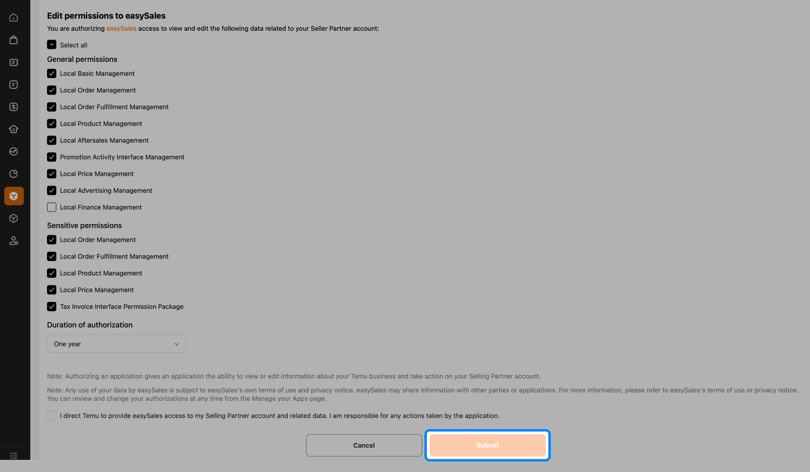 Ecranul Temu Edit permissions to easySales cu lista de permisiuni, durata autorizării și butonul Submit