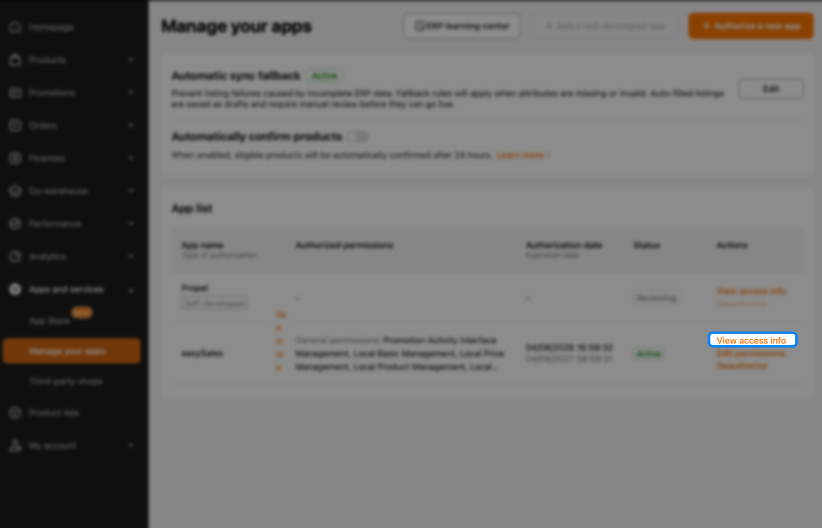 Lista Temu Manage your apps care afișează easySales ca Active, cu acțiunea View access info