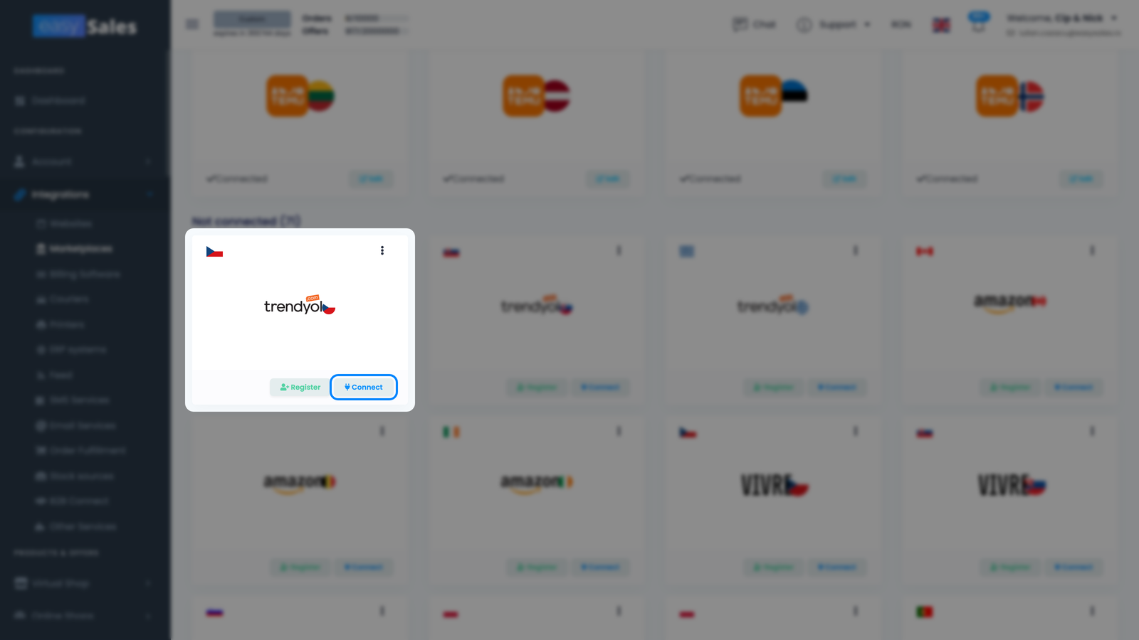 Pagina easySales Integrări → Marketplace-uri cu un card Trendyol și butonul Connect evidențiat