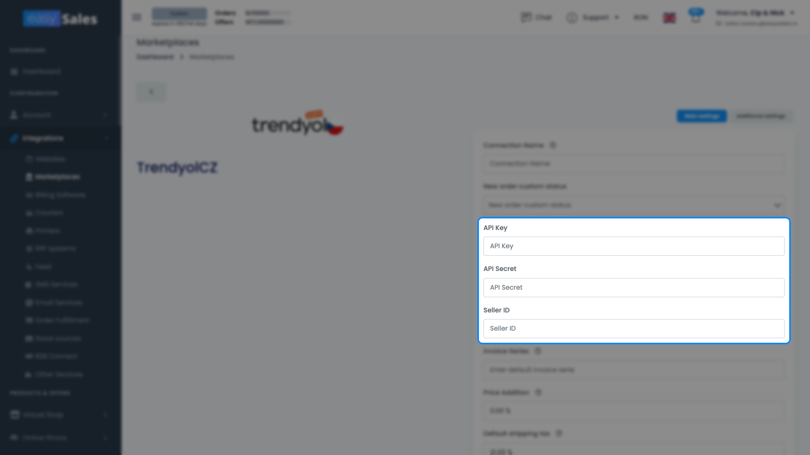 Formularul easySales de Setări principale Trendyol pentru o conexiune nouă, cu câmpurile API Key, API Secret și Seller ID goale, evidențiate