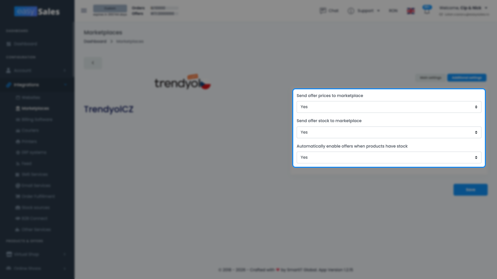 Tab-ul easySales Setări suplimentare Trendyol care afișează comutatoarele de sincronizare pentru trimiterea prețurilor și stocului ofertelor către marketplace
