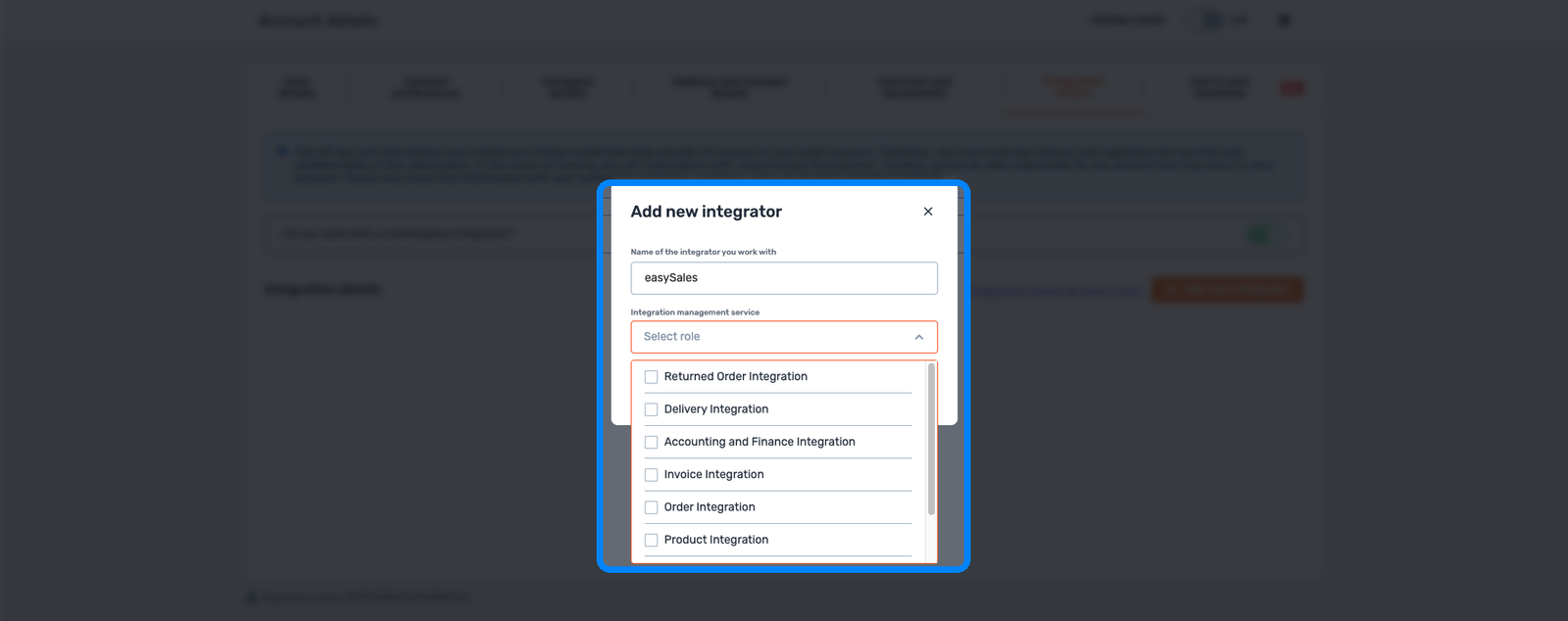 Tab-ul Trendyol Account details Integration details cu modalul Add new integrator, integratorul numit easySales și dropdown-ul de roluri deschis