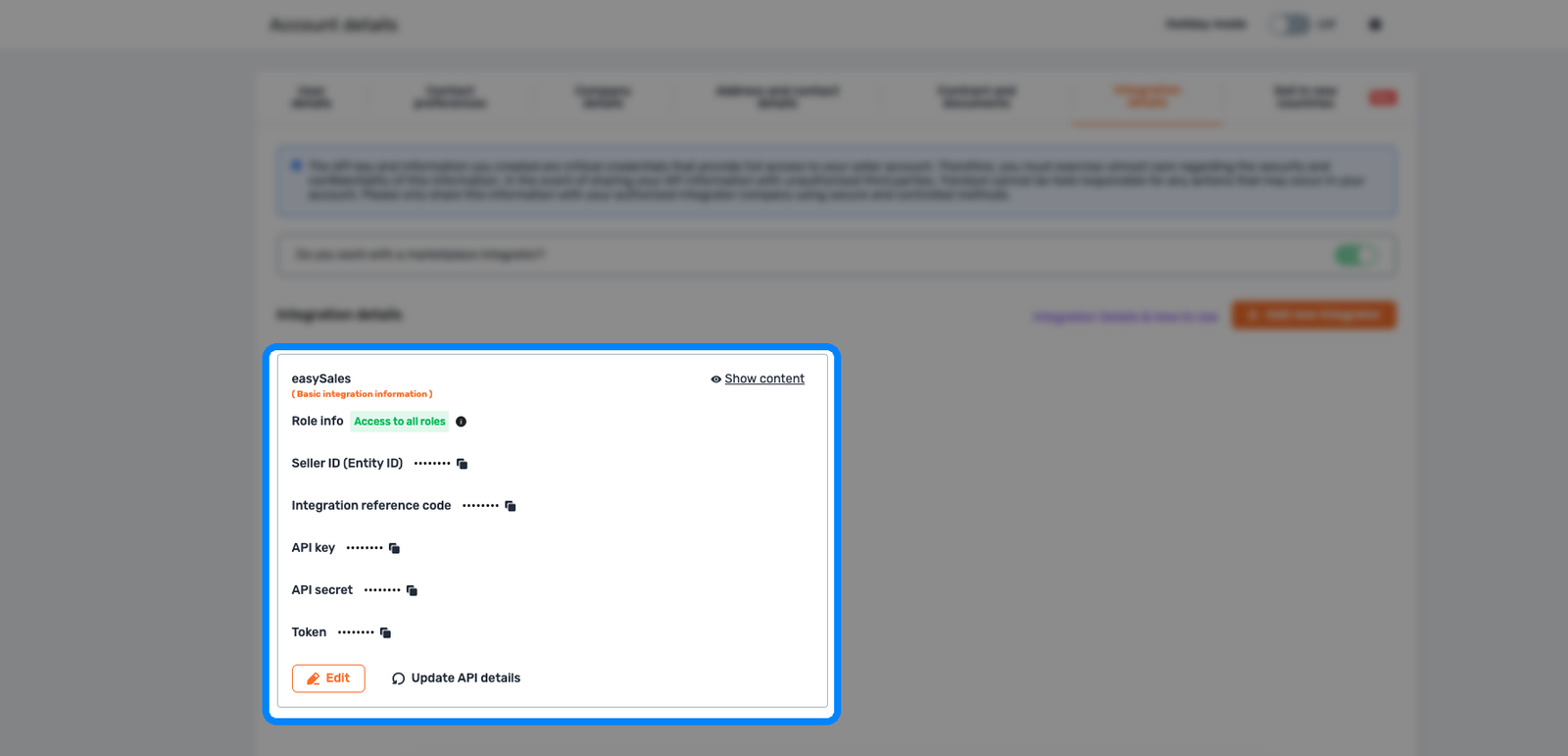 Cardul integratorului Trendyol care afișează Role info, Seller ID (Entity ID), API key și API secret cu un buton Show content