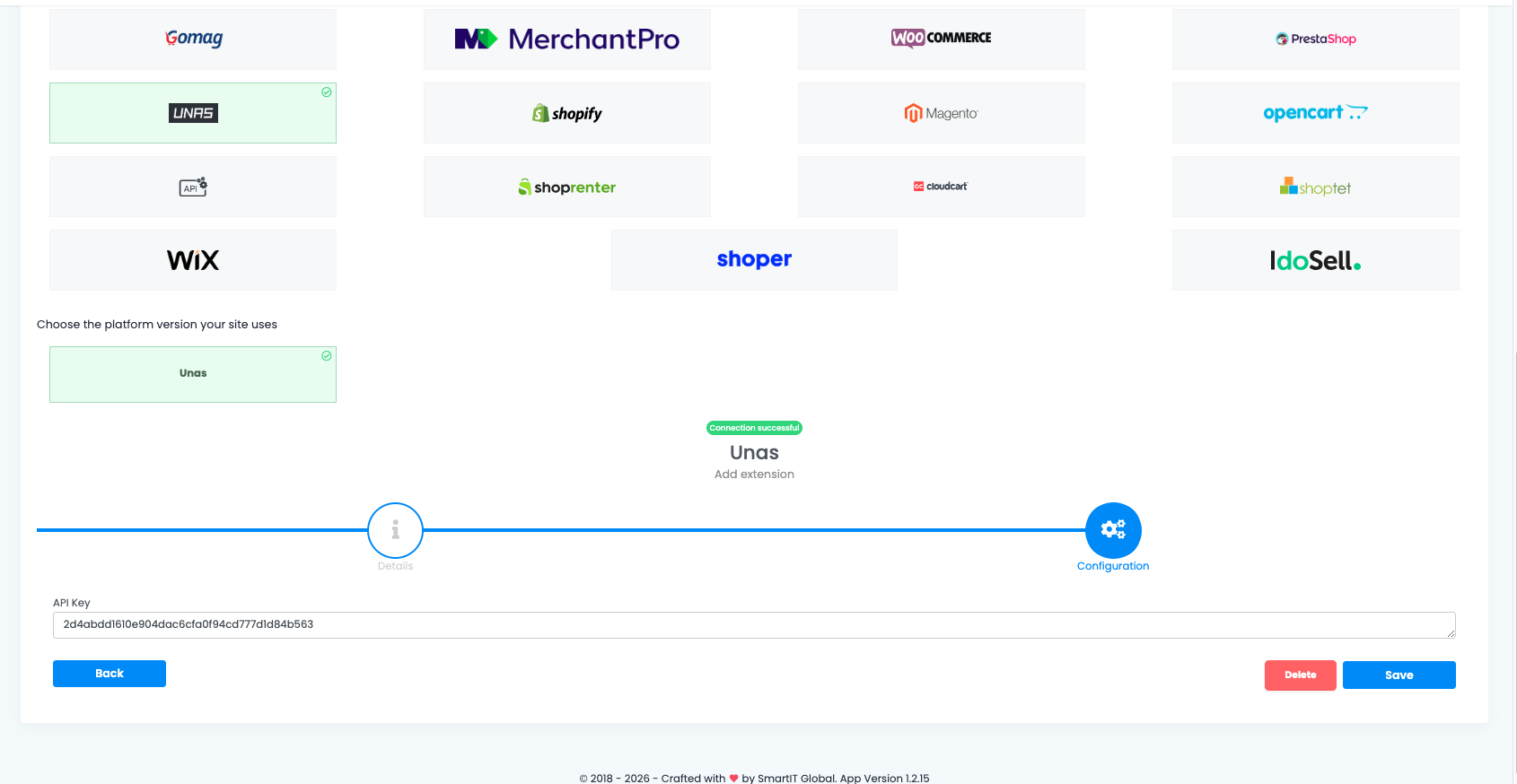 Unas connection wizard with the Configuration step active and the API key field filled in