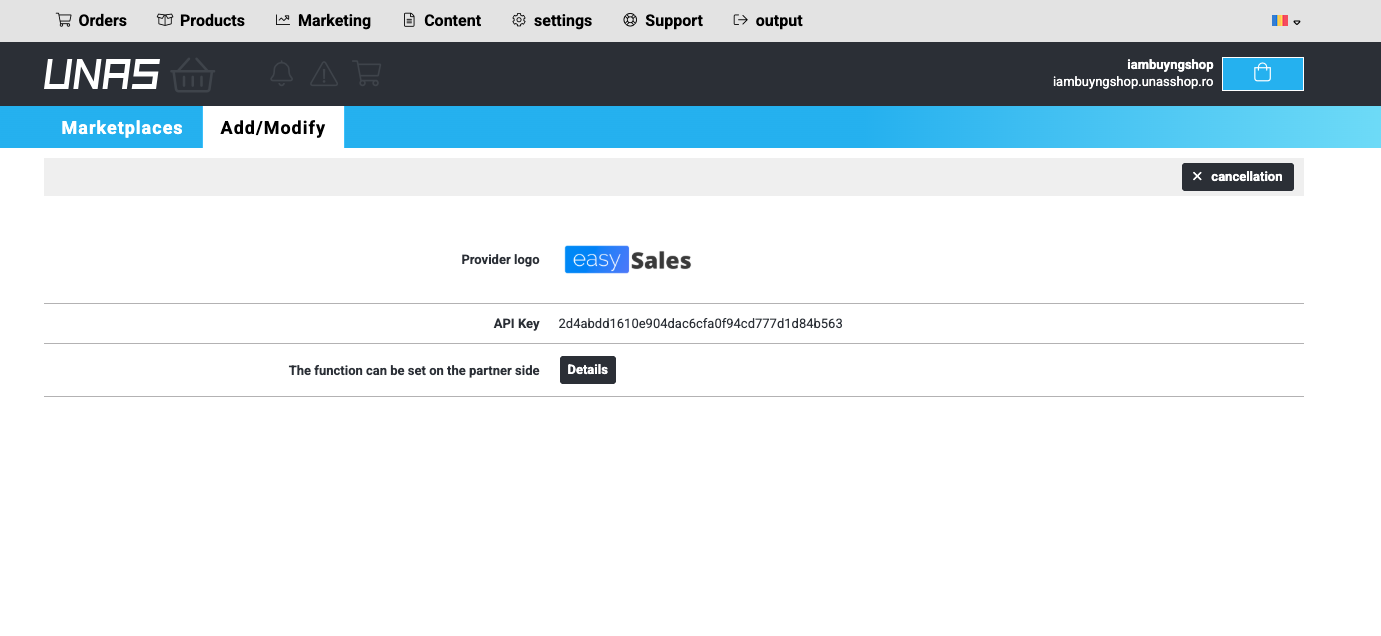 Unas admin API settings screen with the easySales provider and a generated API key