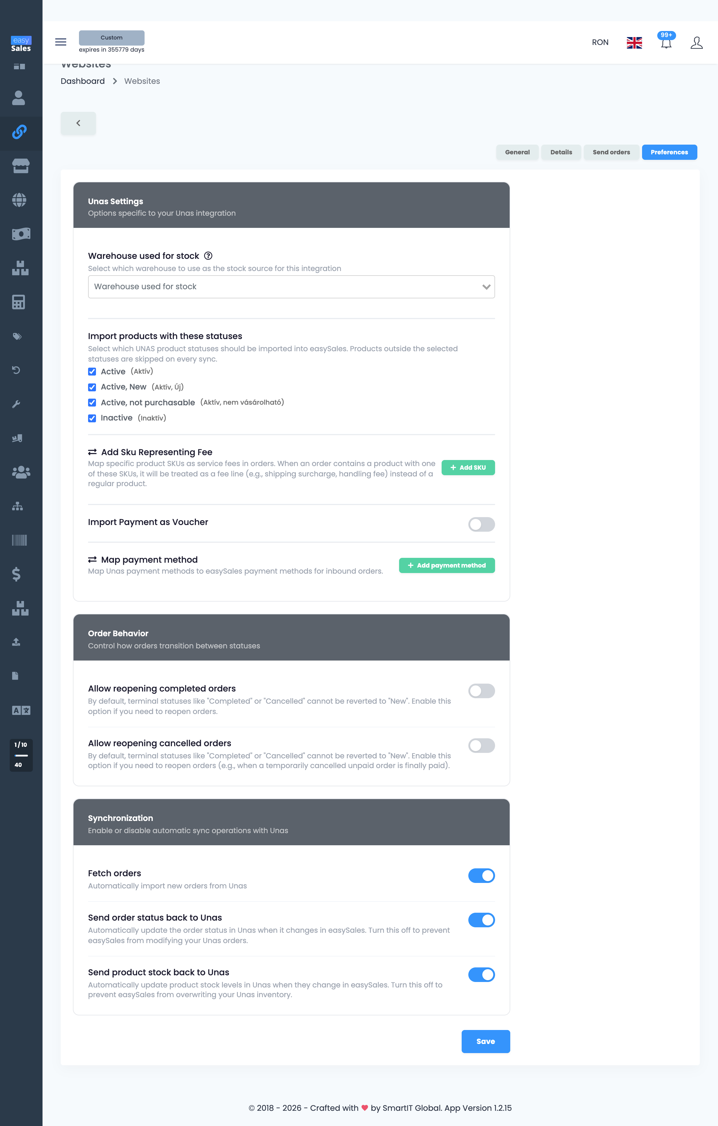 Full Preferences tab for a Unas website: Unas Settings, Order Behavior, and Synchronization sections