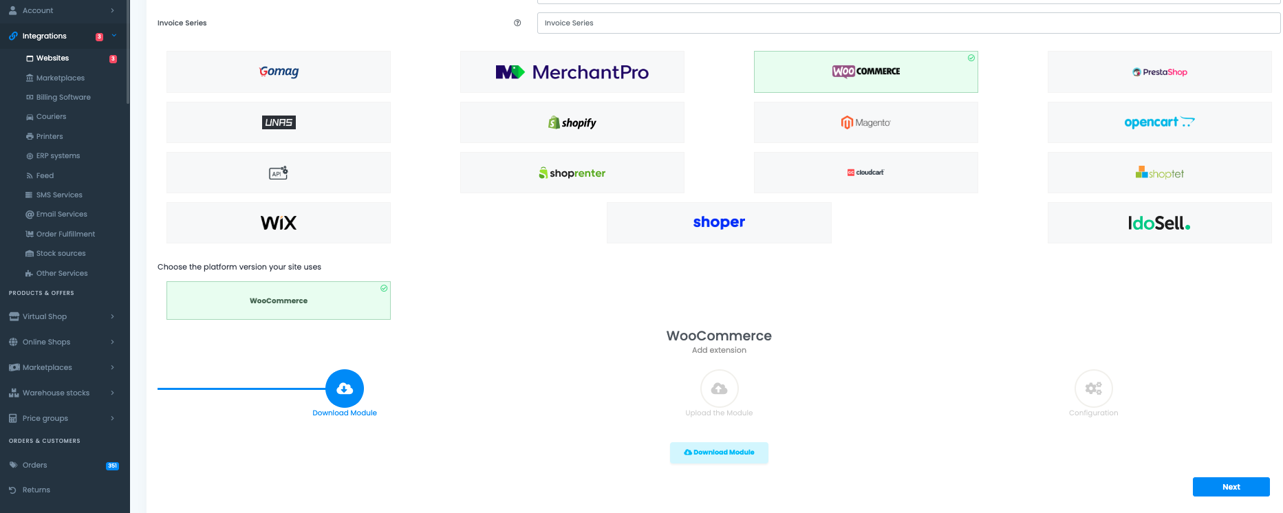 Kreator Połącz witrynę w easySales na kroku Download Module z wybranym WooCommerce i widocznym przyciskiem pobierania wtyczki