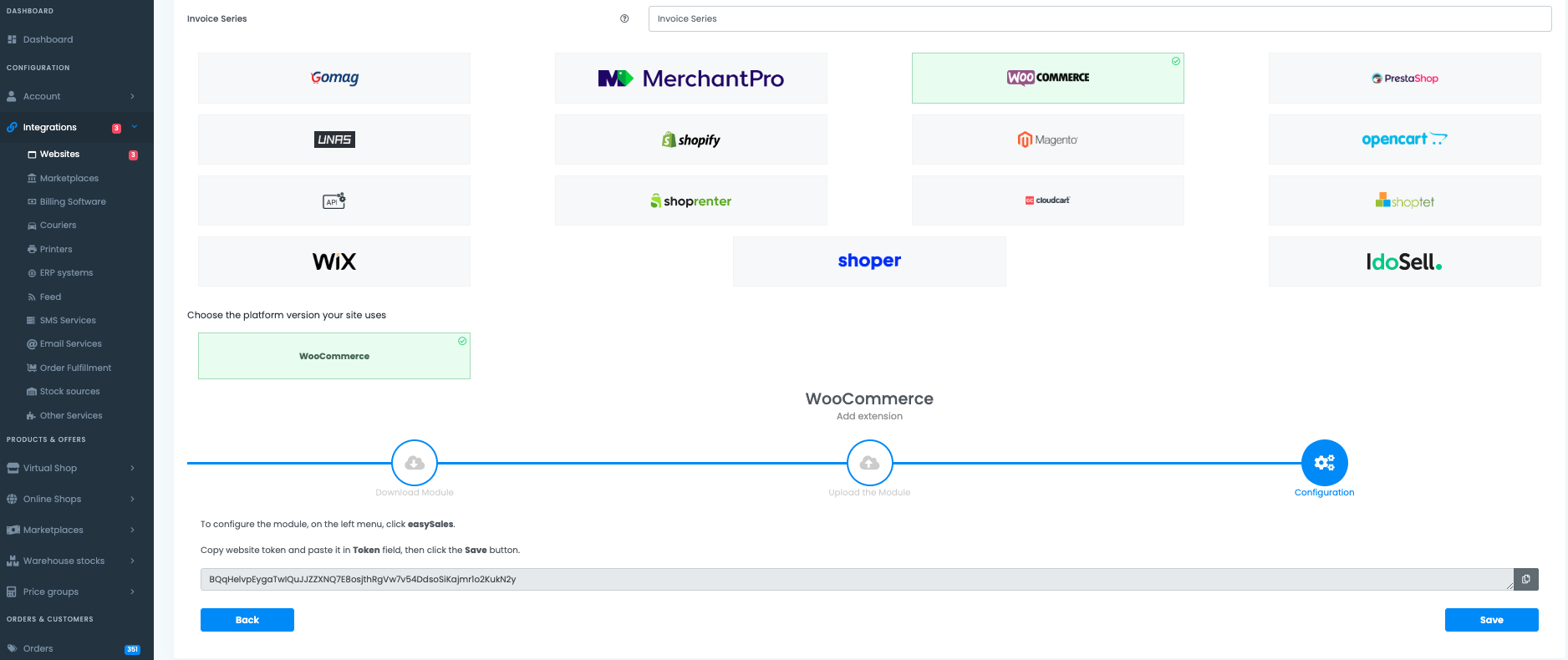 Kreator Połącz witrynę w easySales na kroku Configuration z wybranym WooCommerce, wyborem wersji i widocznym na dole wygenerowanym tokenem witryny