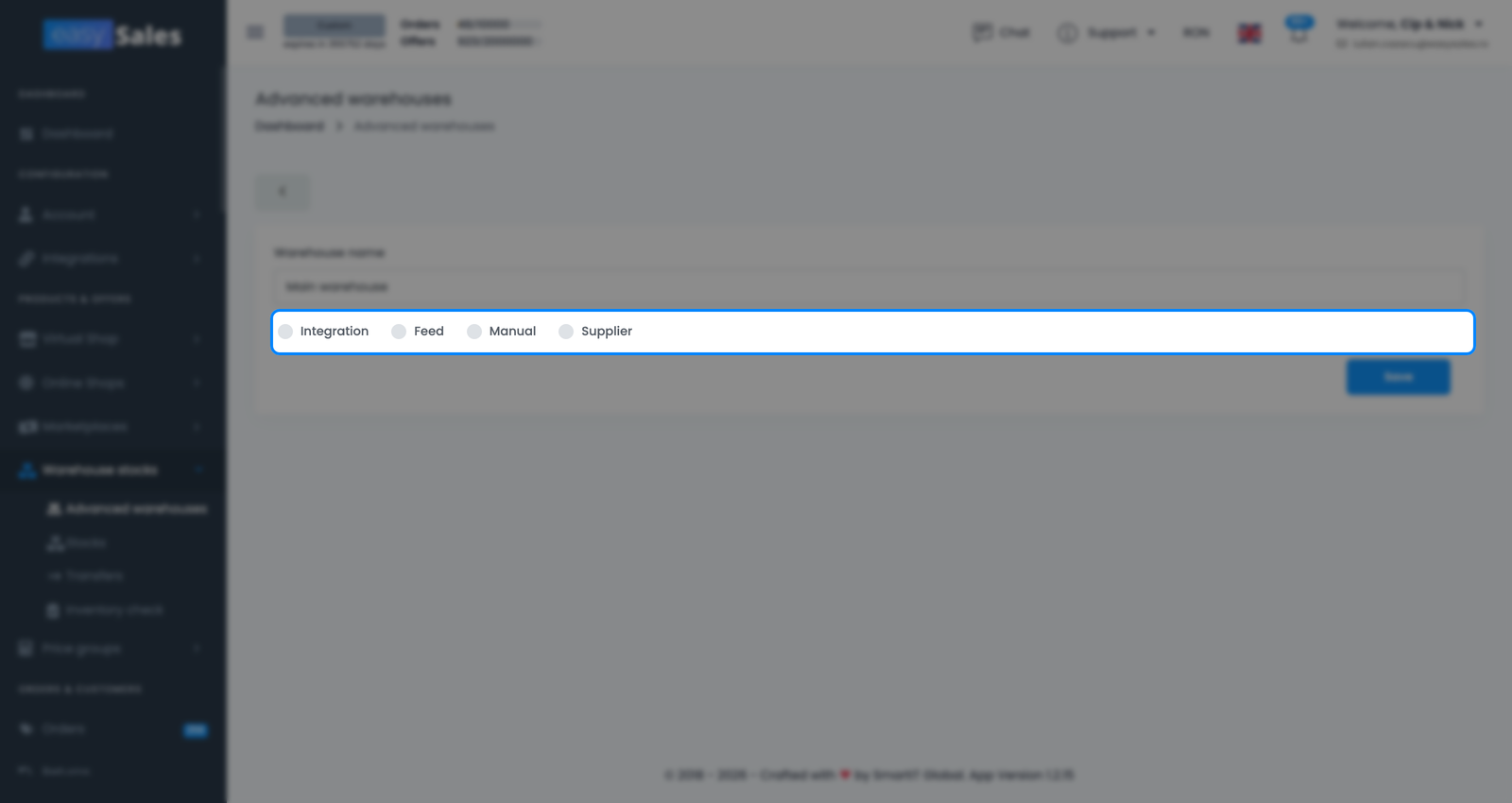 Formularul de adăugare depozit din easySales cu un nume și un selector de tip depozit (manual, feed, integrare, furnizor)